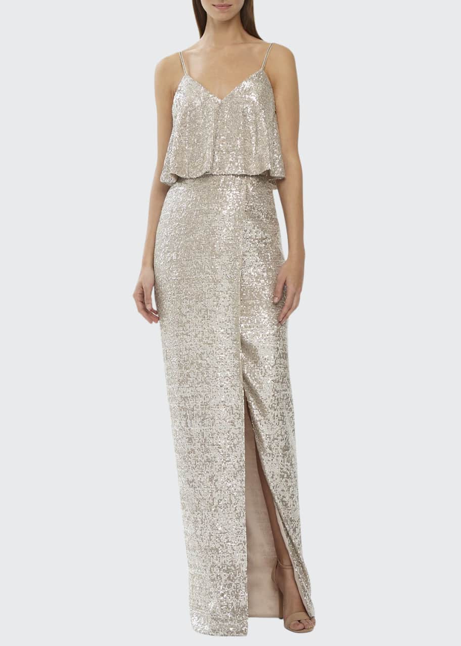 ml monique lhuillier neomi sequin maxi dress ML Monique Lhuillier Sequin V-Neck Column Dress w/ Front Slit