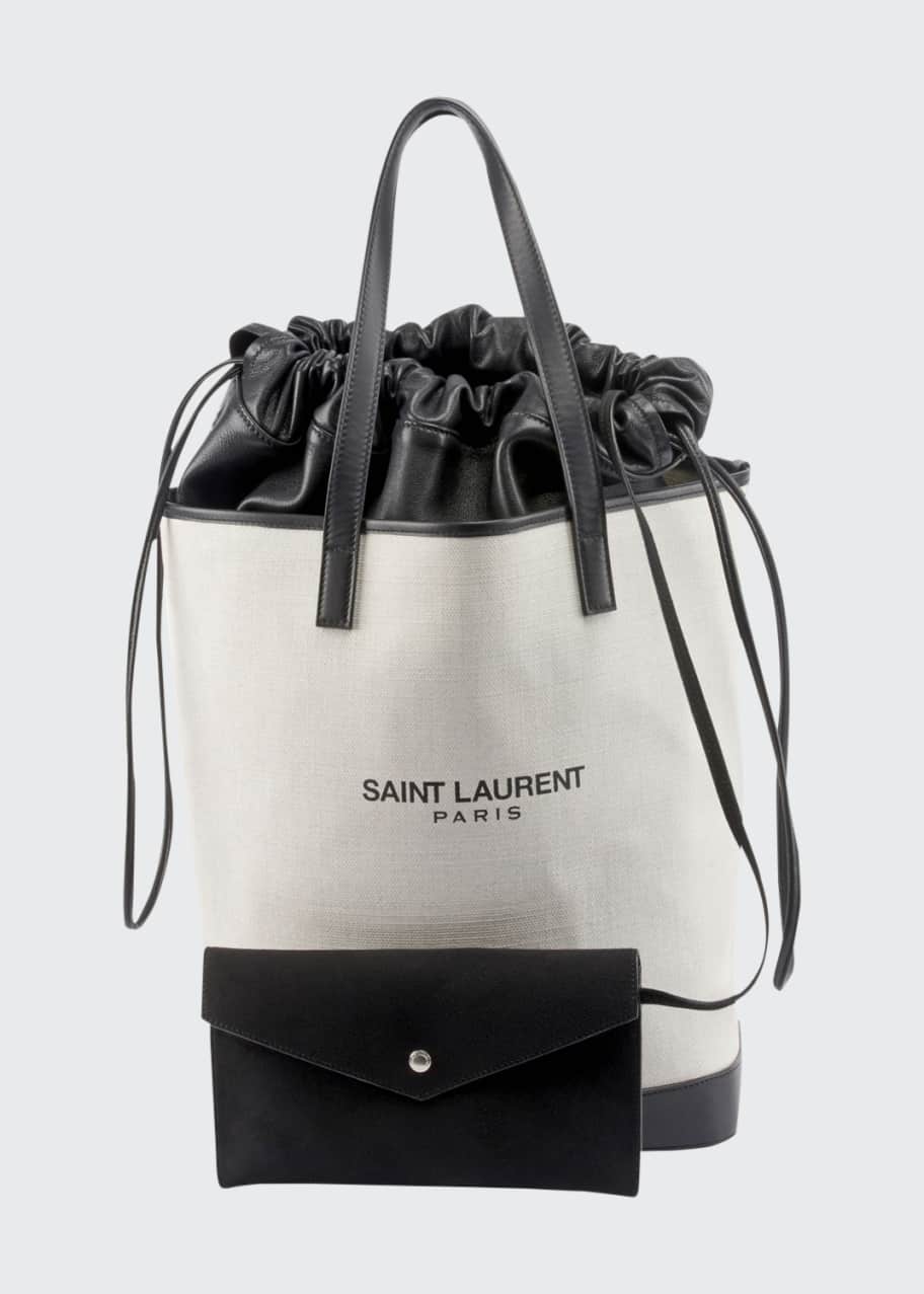 Saint Laurent Teddy Medium Canvas/Leather Drawstring Shopping Tote Bag ...