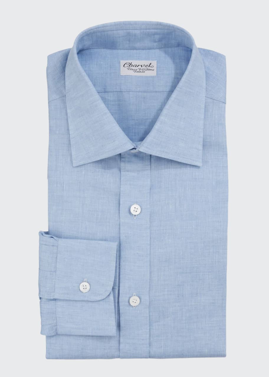Charvet Men's Solid Linen Dress Shirt, Blue - Bergdorf Goodman