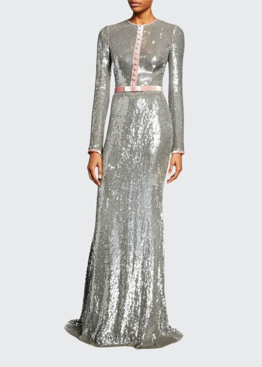 Image 1 of 1: Sequin Long-Sleeve Tuxedo Gown