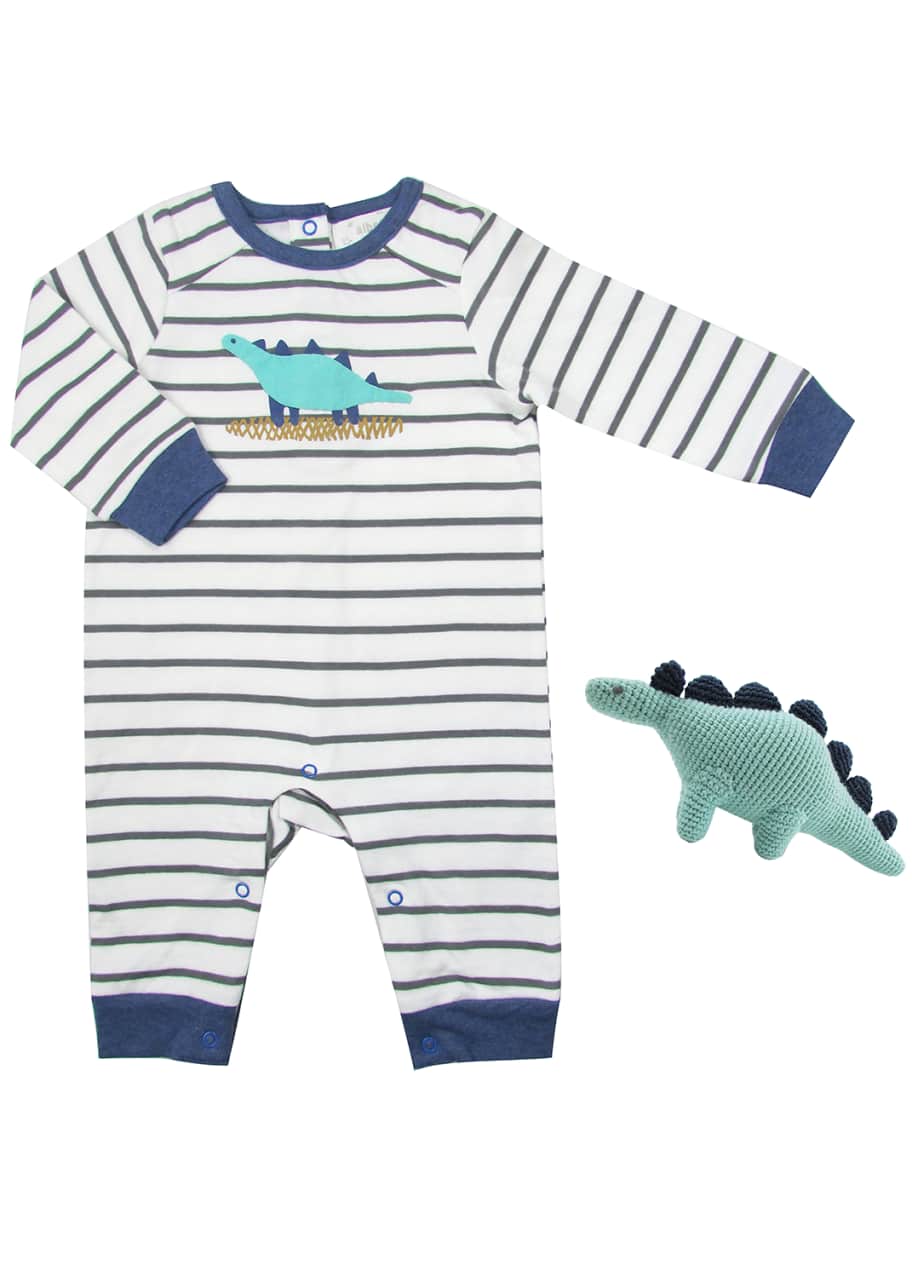 Image 1 of 1: Striped Dino Coverall w/ Crochet Dino Toy, Size 0-12 Months
