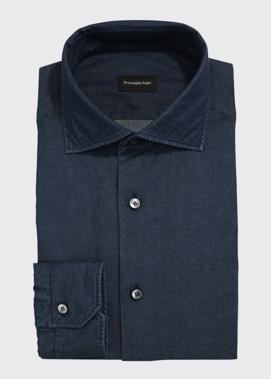 Image 1 of 1: Men's Solid Chambray Trim-Fit Dress Shirt