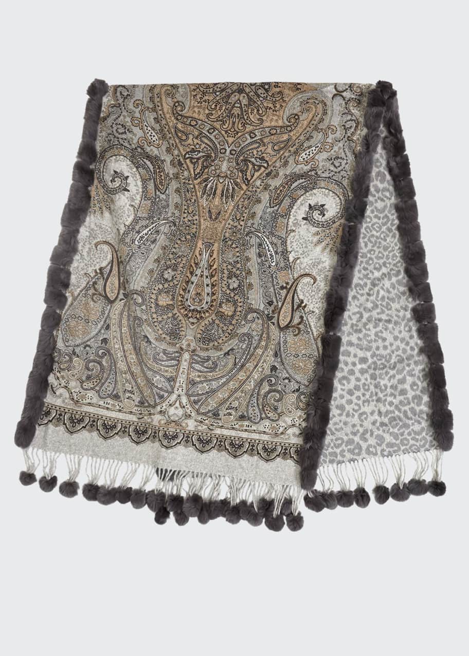Image 1 of 1: Paisley & Leopard Print Double Face Cashmere w/ Fur Trim