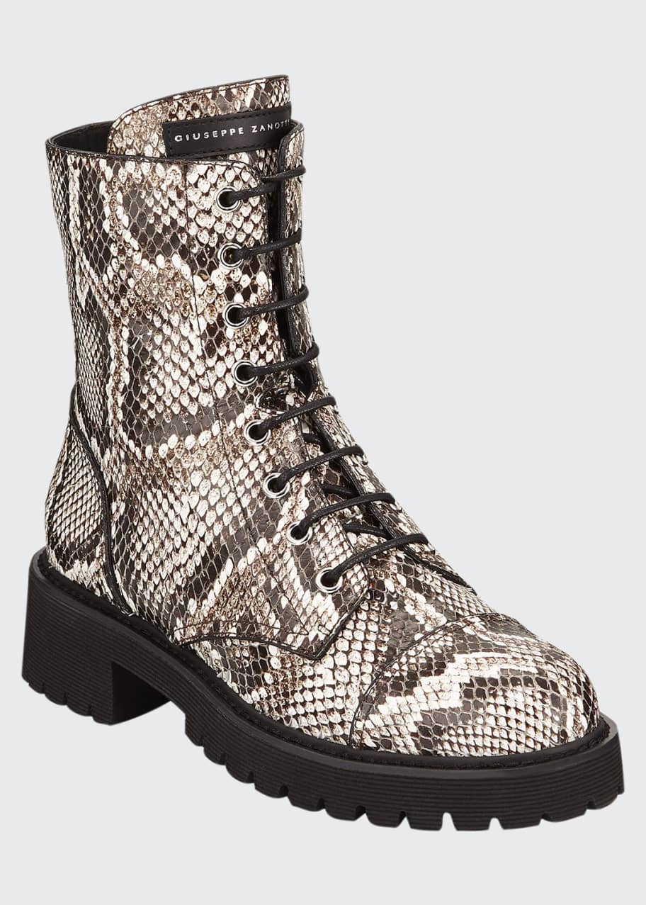 Image 1 of 1: Python-Embossed Leather Combat Boots