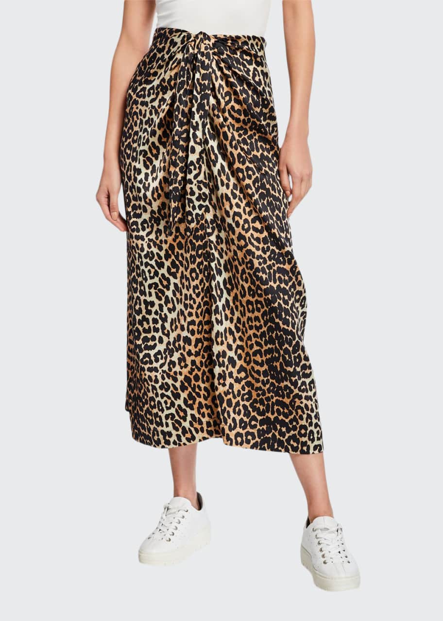 Ganni Stretch Satin Leopard-Print Long Sarong Skirt Bergdorf Goodman