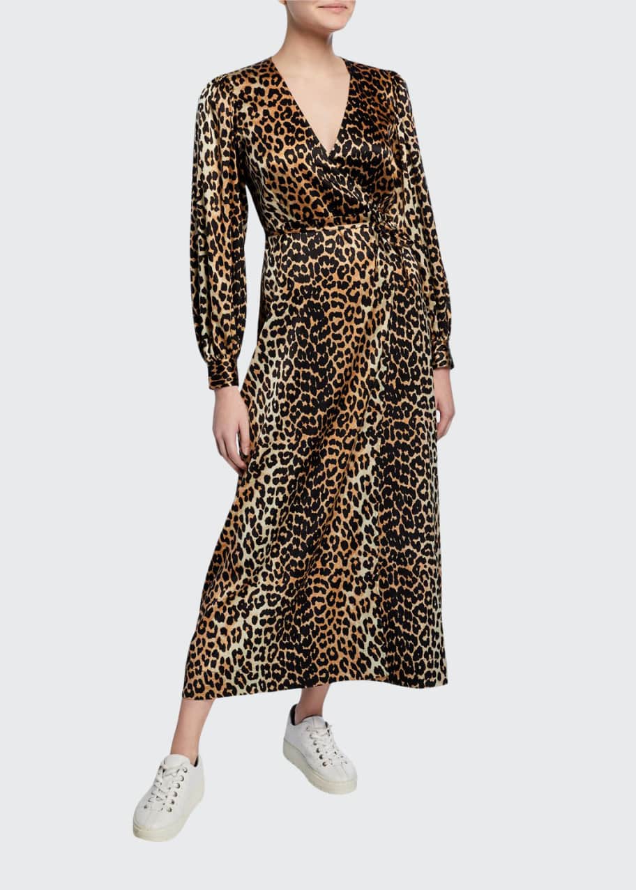 Image 1 of 1: Leopard-Print Surplice Long-Sleeve Stretch-Silk Satin Dress