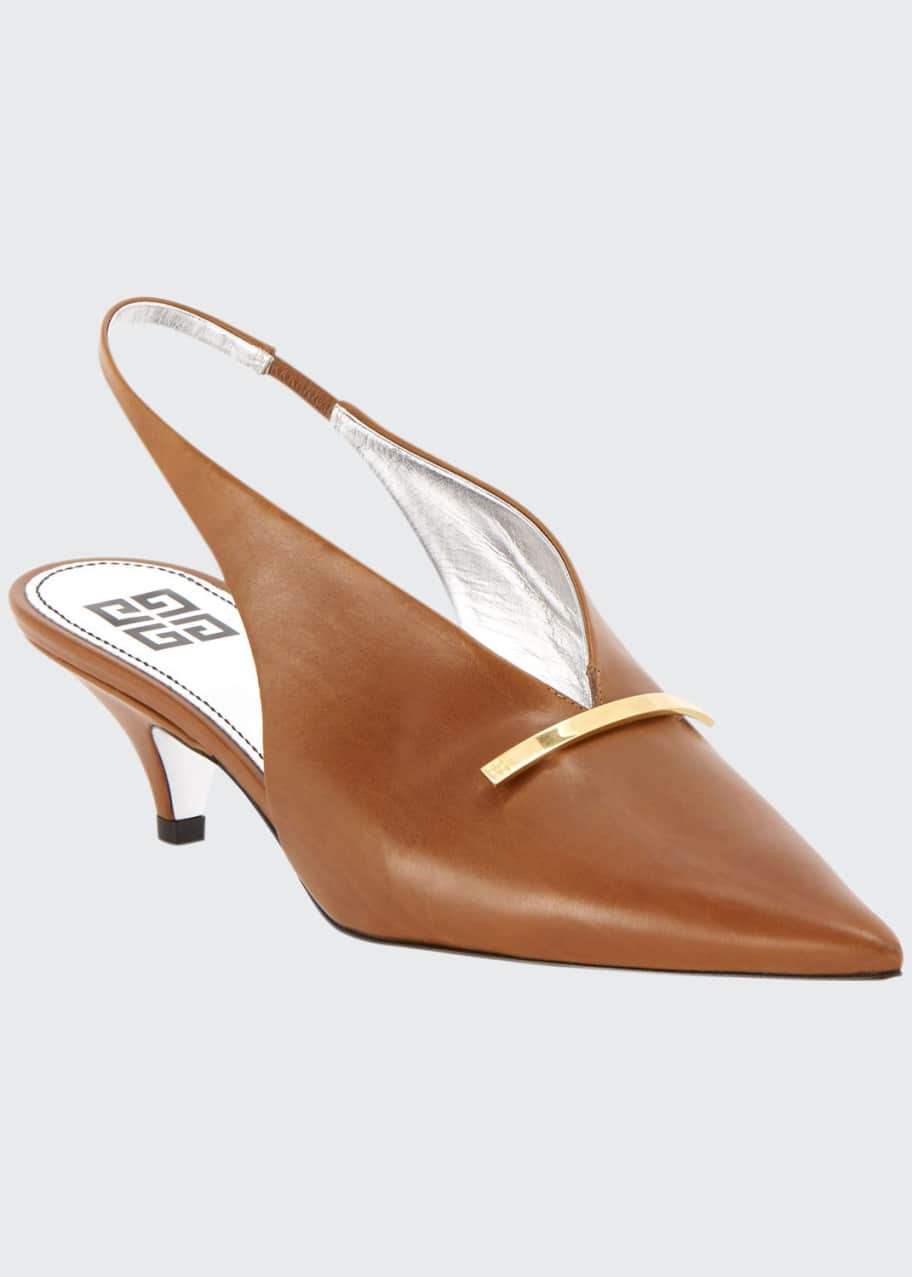 Image 1 of 1: Leather Kitten-Heel Slingback Pumps with Golden Bar