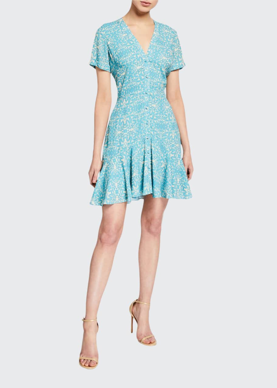 princess polly baby blue dress ALEXIS Reede Floral Flounce Mini Dress Blue Green 100% Cotton Keyhole Neck M