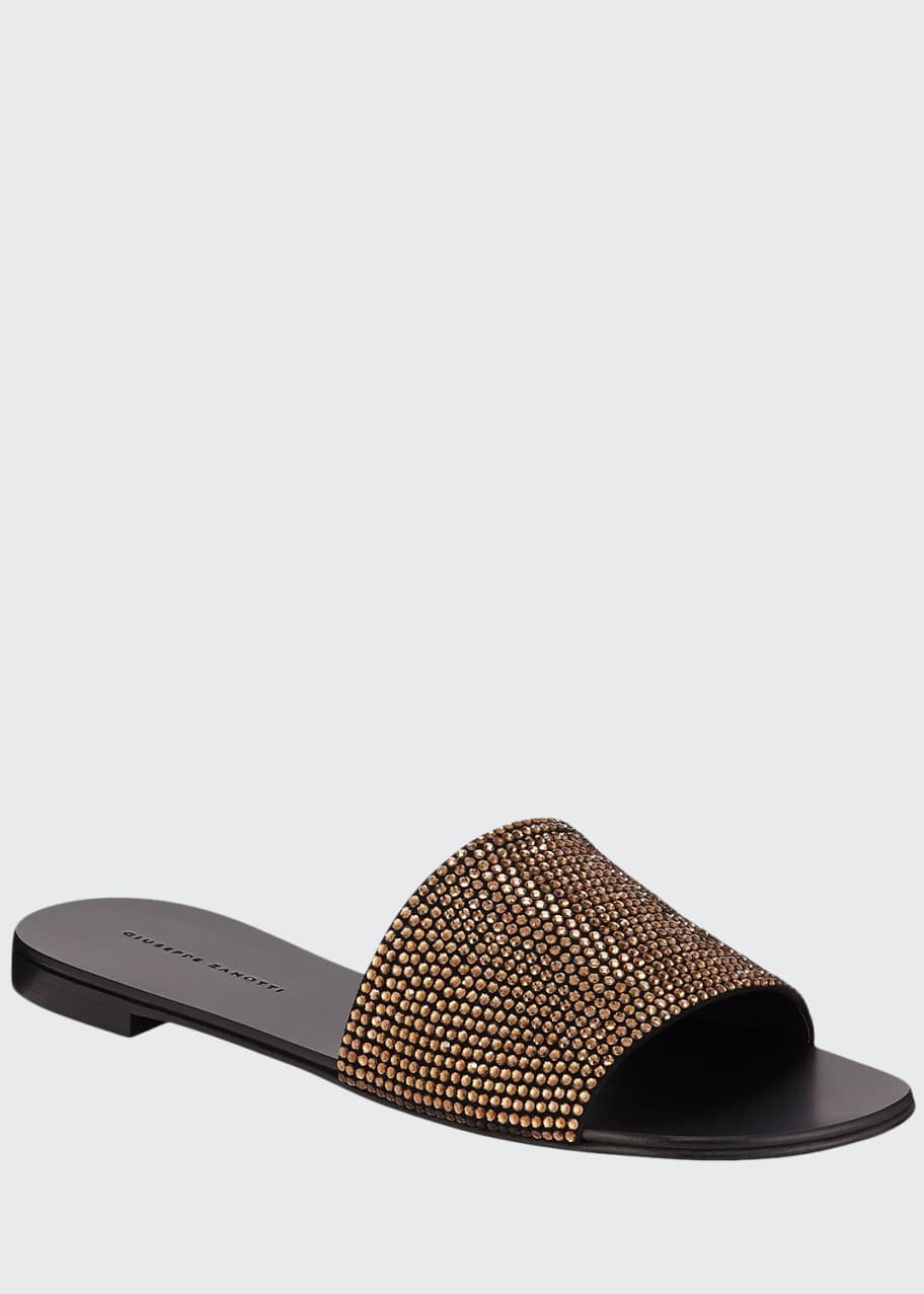 Image 1 of 1: Crystal-Studded Flat Slide Sandals