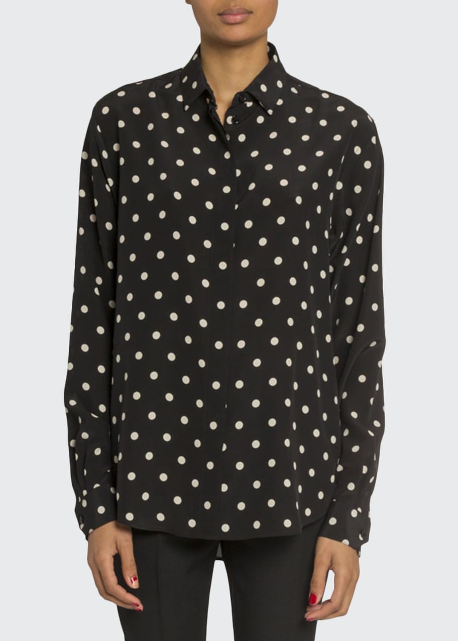 Image 1 of 1: Polka Dot Long-Sleeve Button Front Blouse