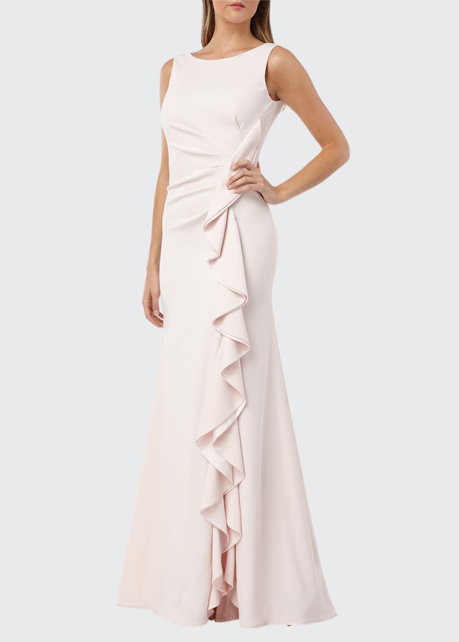 Image 1 of 1: Bateau-Neck Sleeveless Gown w/ Side-Ruching & Draped Ruffle Detail