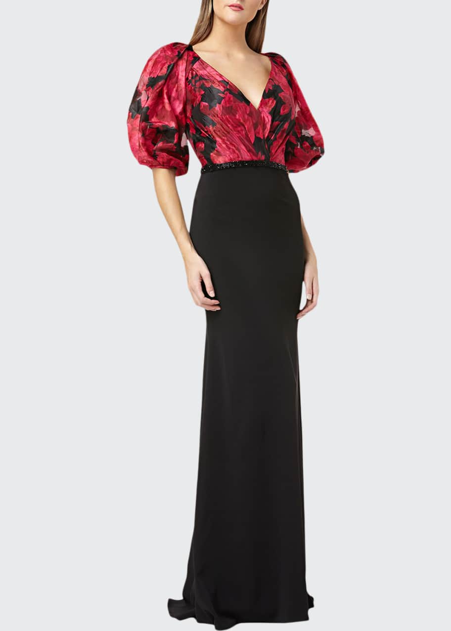 Image 1 of 1: Printed-Bodice Puff-Sleeve V-Neck Gown with Crepe Skirt