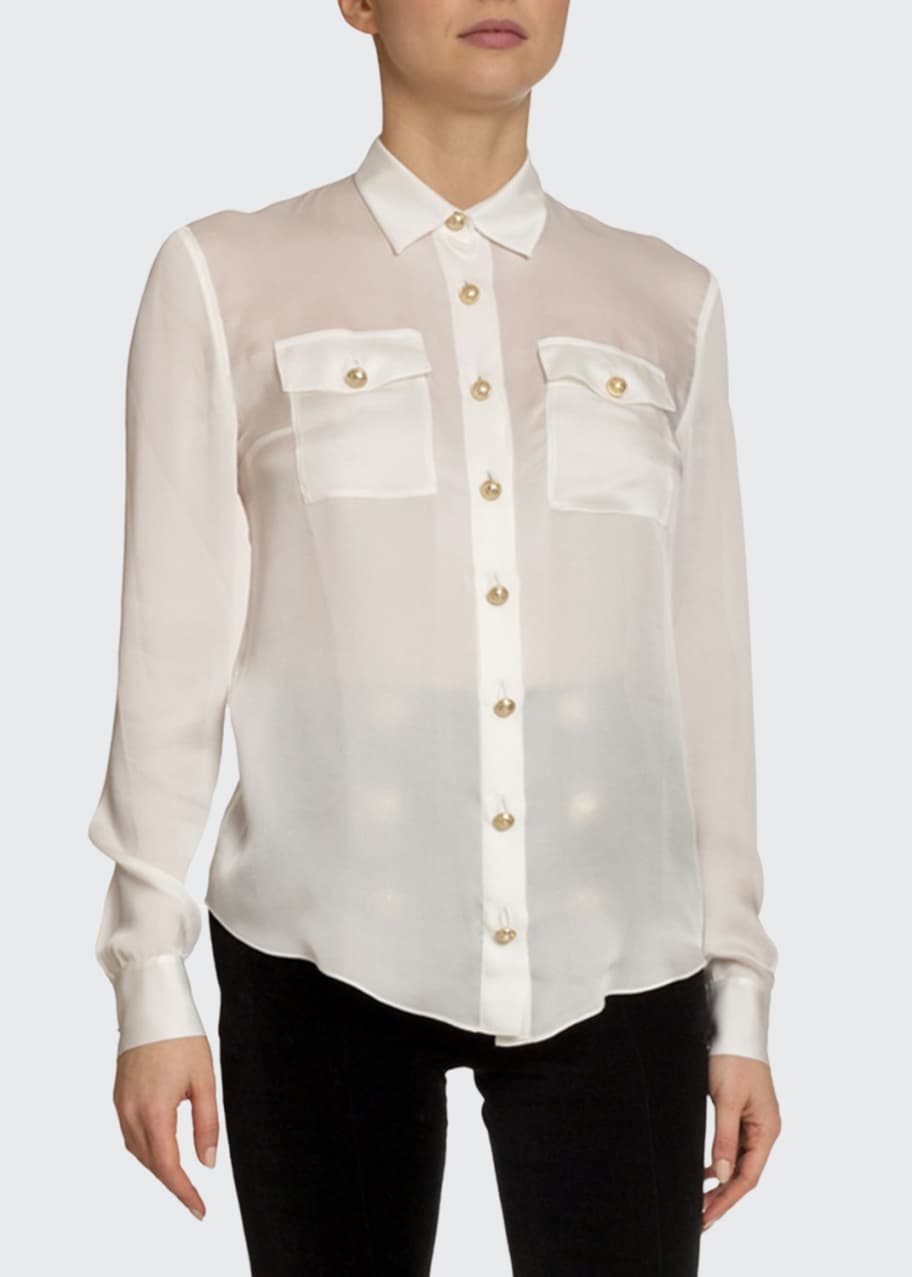 Image 1 of 1: Silk 2-Pocket Button-Front Blouse