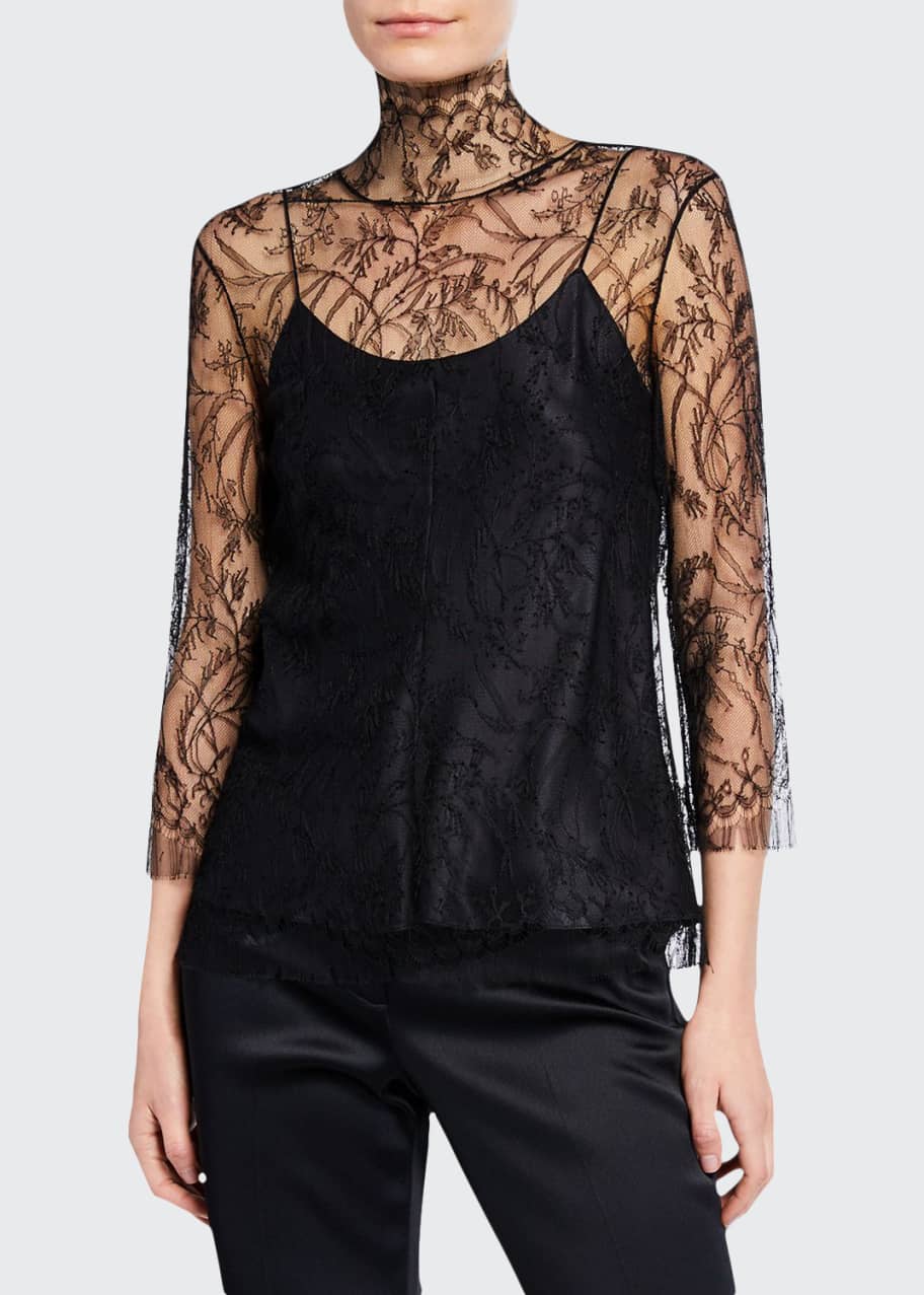 Adam Lippes 3 4 Sleeve Chantilly Lace Turtleneck Blouse with Cami Bergdorf Goodman
