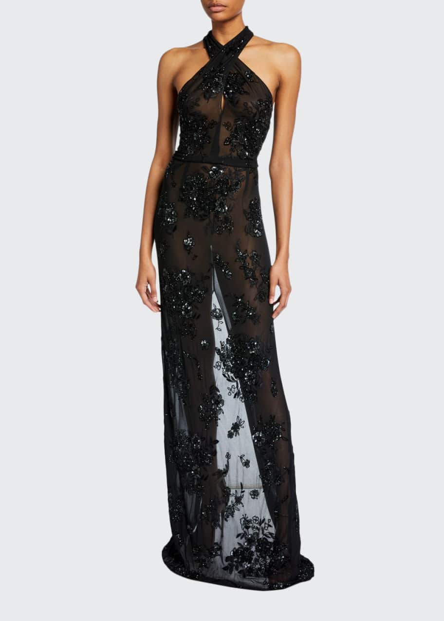 Image 1 of 1: Beaded Sheer Crossover Gown
