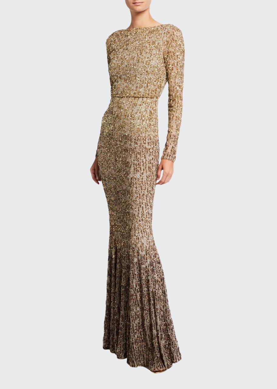 Rachel Gilbert Ombre Beaded Long-Sleeve Gown - Bergdorf Goodman