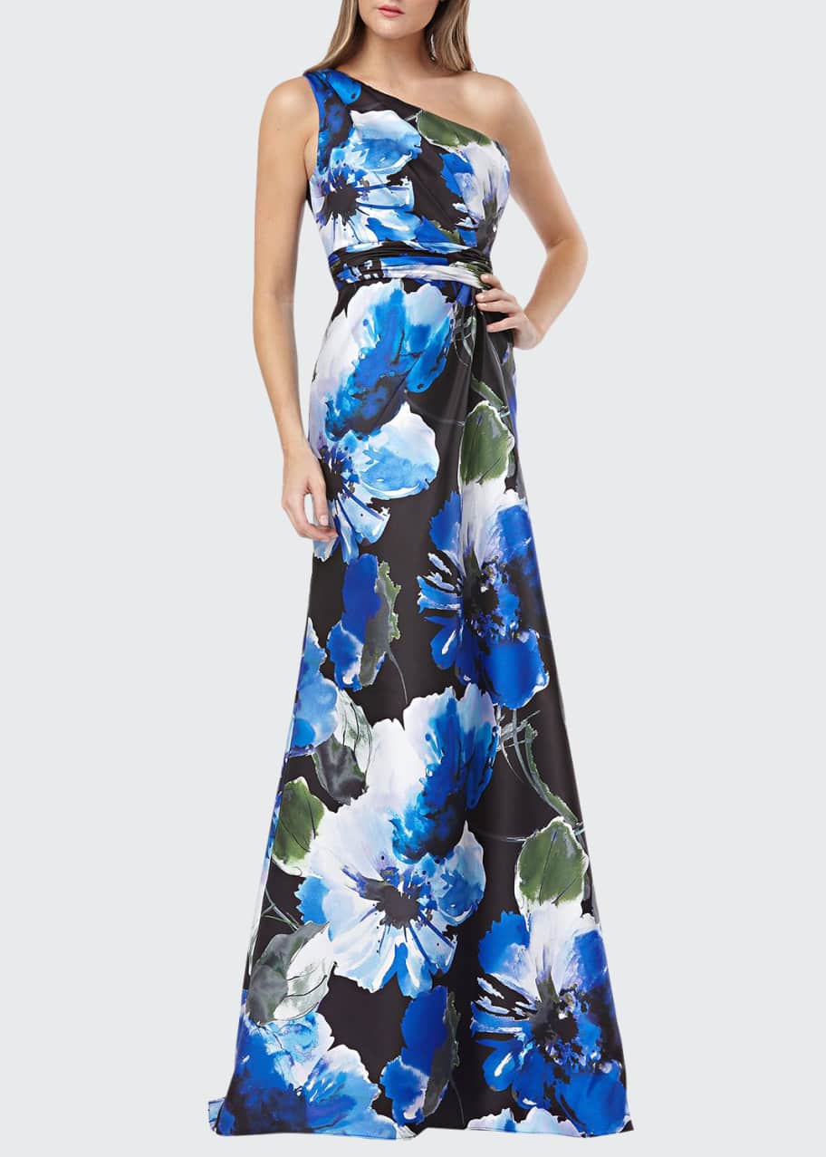 Carmen Marc Valvo Infusion Floral-Printed One-Shoulder Mikado Gown ...