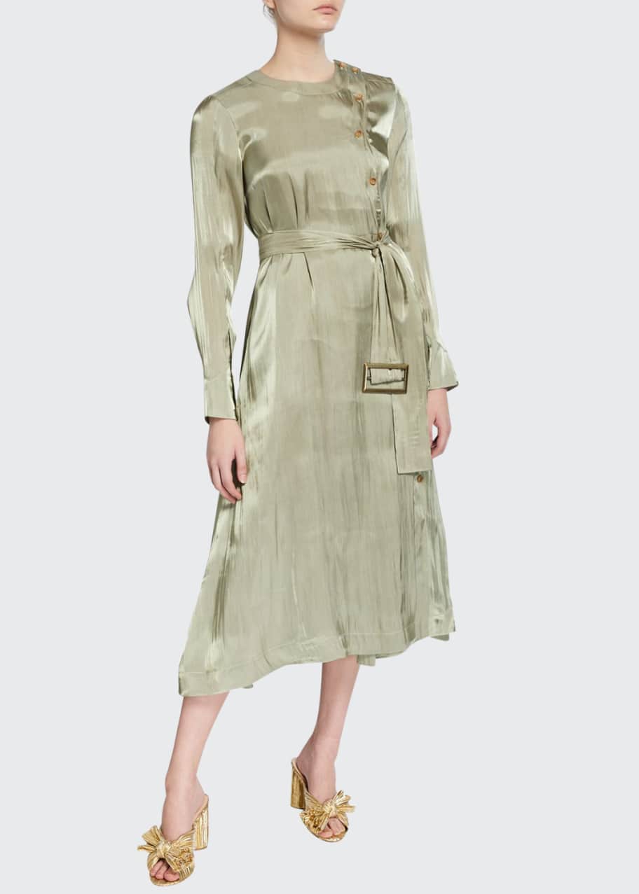 REJINA PYO Bailey Belted Satin Midi Dress with Buttons - Bergdorf Goodman