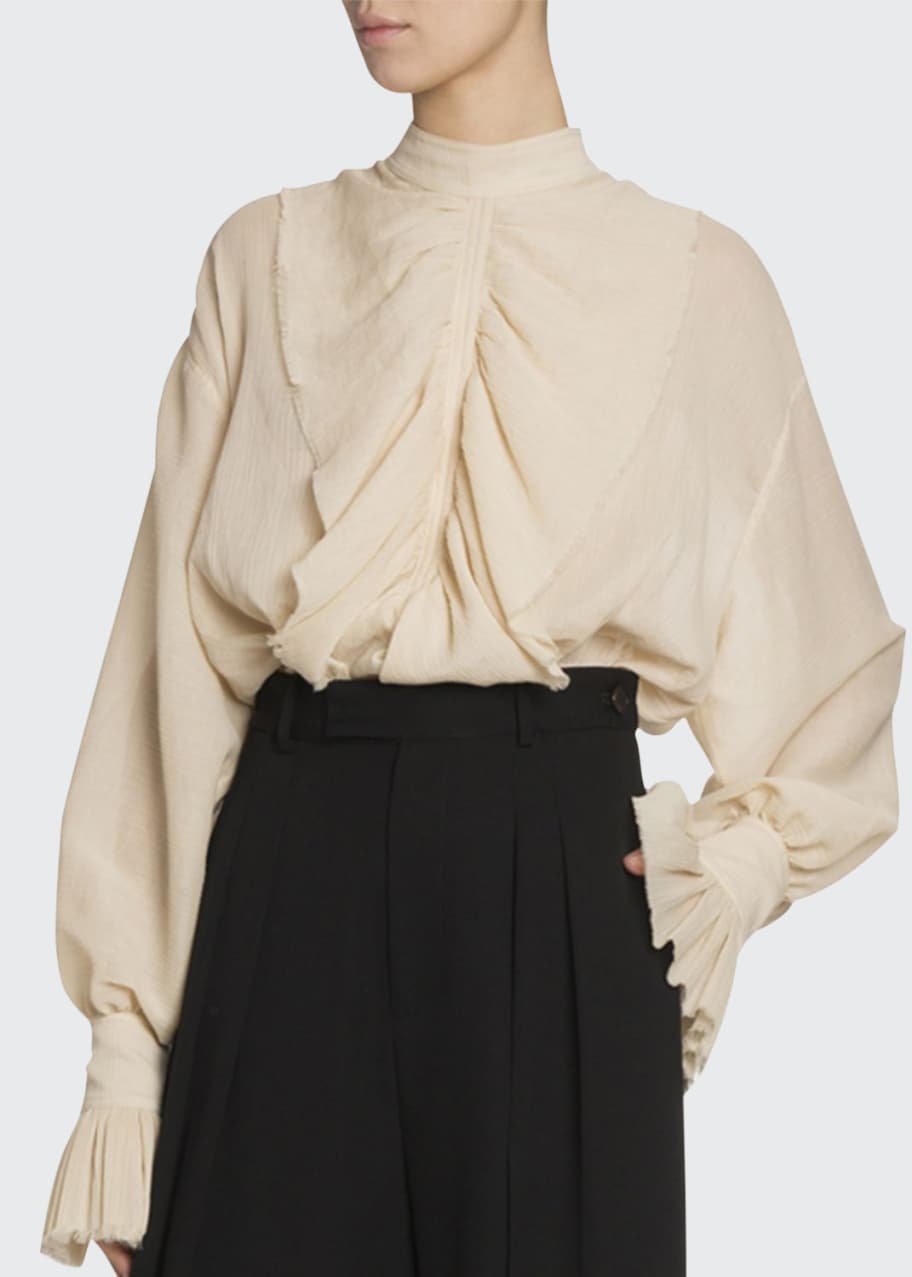 Image 1 of 1: Frilled Cotton Funnel-Neck Peasant Blouse