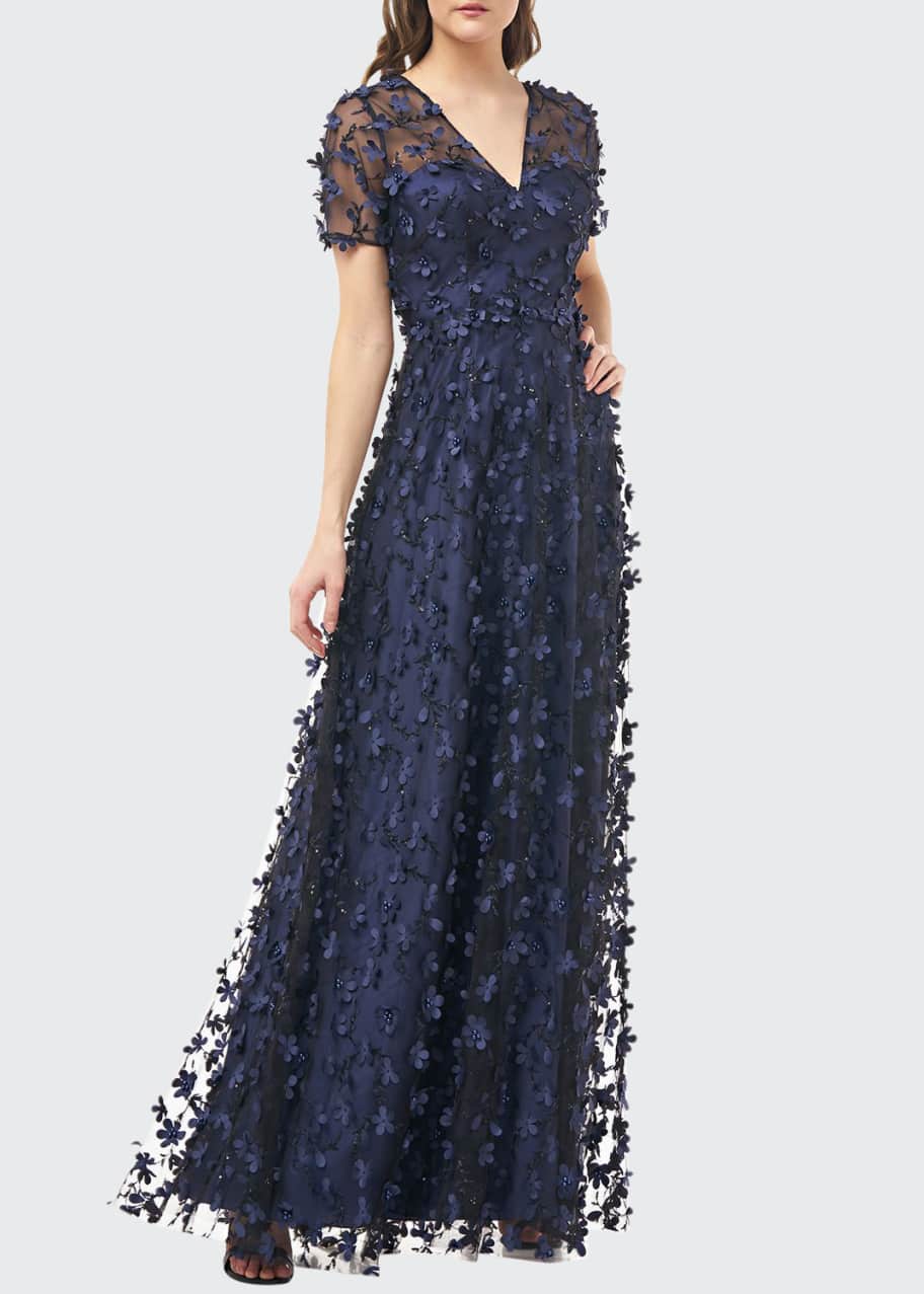 Carmen Marc Valvo Infusion V Neck Short Sleeve A Line Gown w