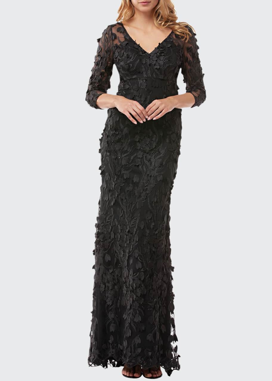 Carmen Marc Valvo Infusion V-Neck 3/4-Sleeve 3D Petal Embellished Column  Gown - Bergdorf Goodman