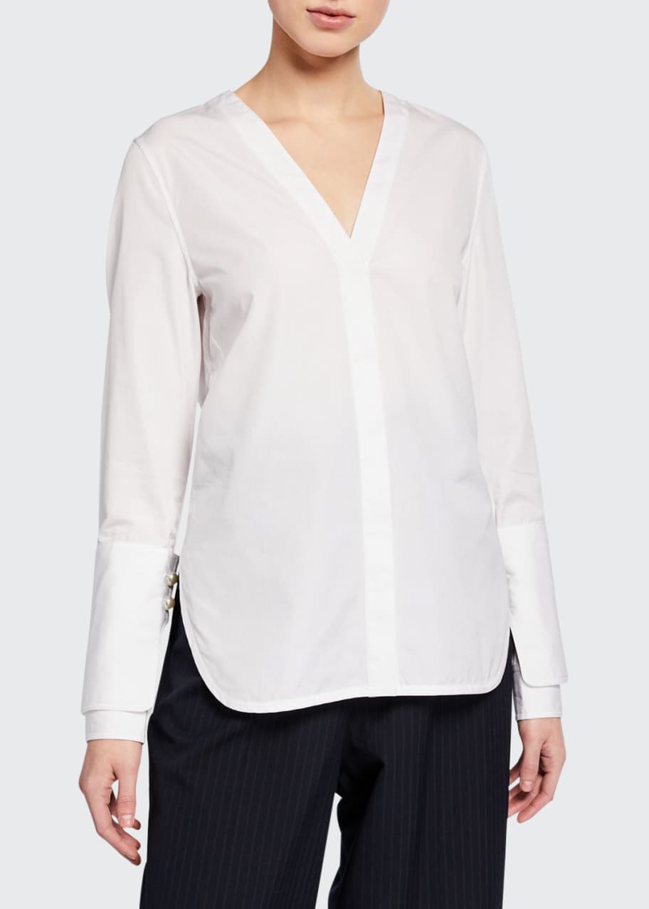 Phillip Lim Long-Sleeve Poplin Top with Pearl Cuffs Bergdorf