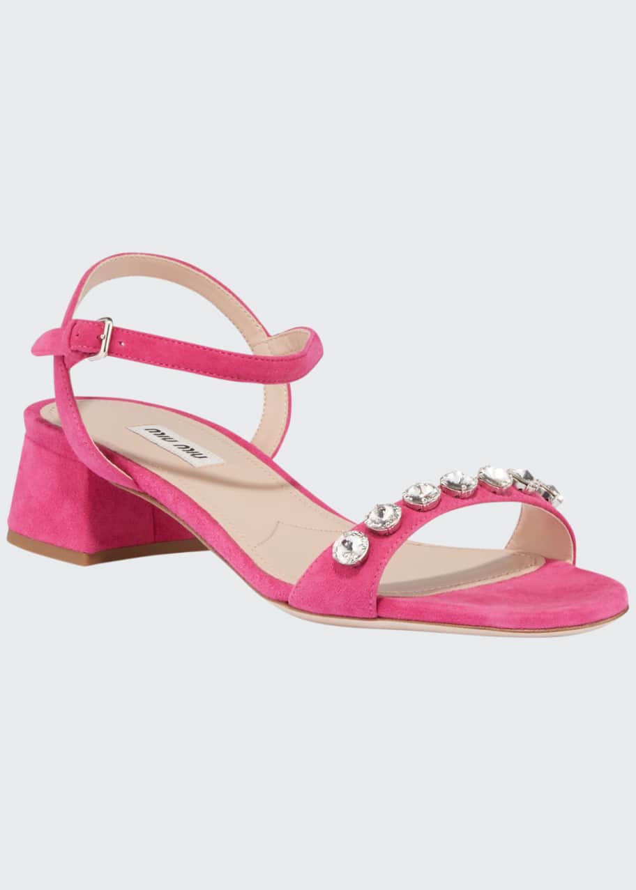 Image 1 of 1: Suede Ankle-Strap Sandals with Crystals