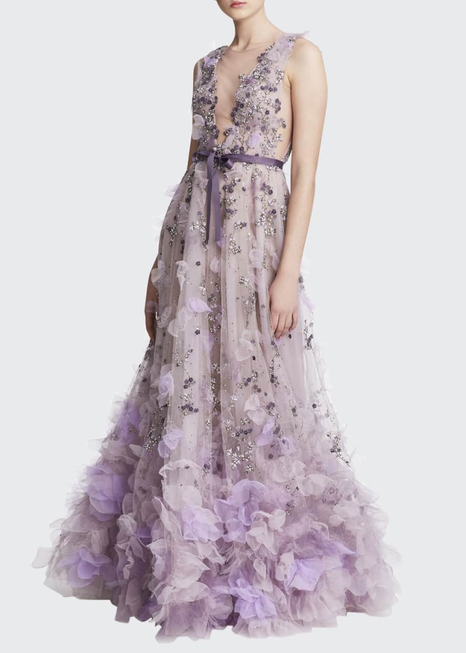 Marchesa Tulle Plunging V-Neck Gown - Bergdorf Goodman