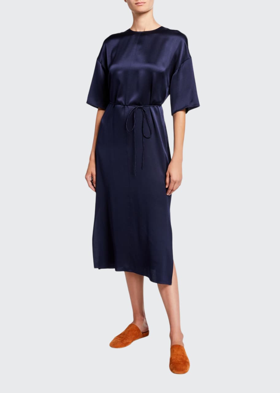 Vince Silk Satin Seamed Front ElbowSleeve Midi Dress Bergdorf Goodman