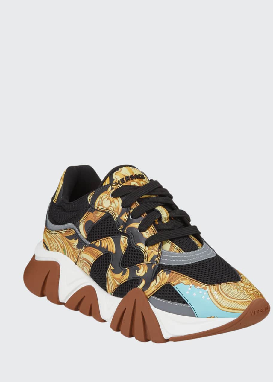 Image 1 of 1: Men's Squalo Mesh %26 Baroque-Print Leather Sneakers