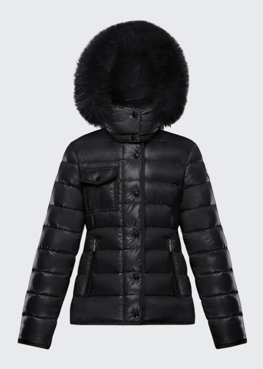 Moncler Armoise Quilted Nylon Puffer Jacket w/ Fur Trim, Size 8-14