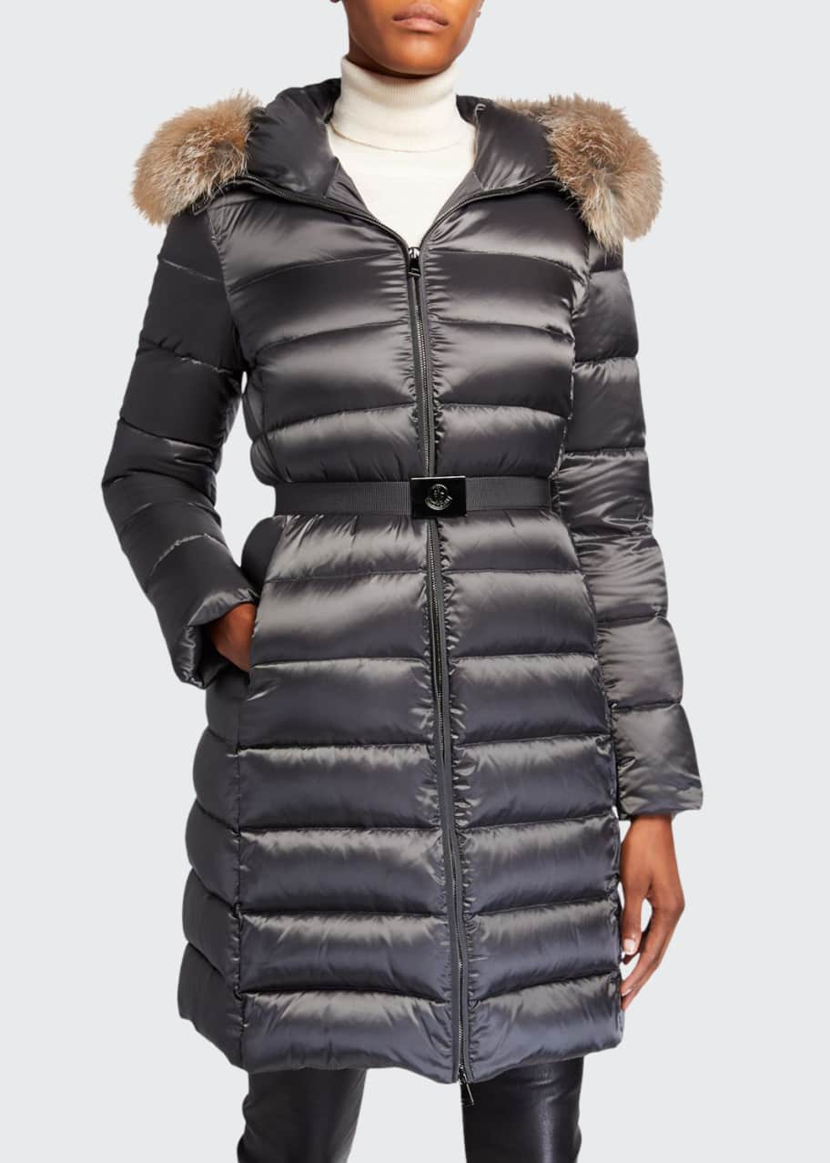 Tinuv Belted Long Puffer Coat w Fur Trim Hood