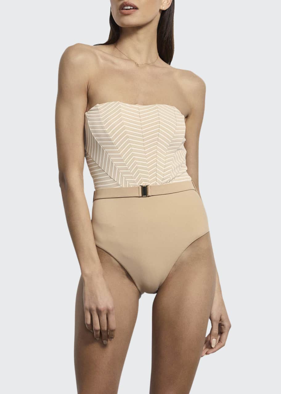 Image 1 of 1: Brigitte Striped Belted Maillot One-Piece Swimsuit