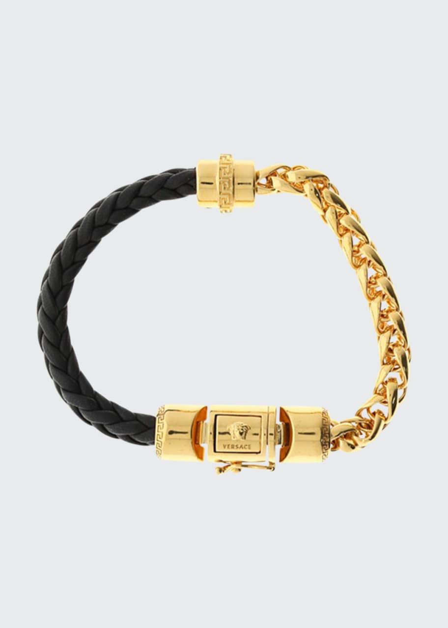 Image 1 of 1: Men's Metal Chain %26 Braided Leather Bracelet