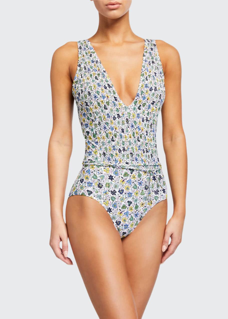 Tory Burch Smocked Floral-Print Belted One-Piece Swimsuit - Bergdorf Goodman