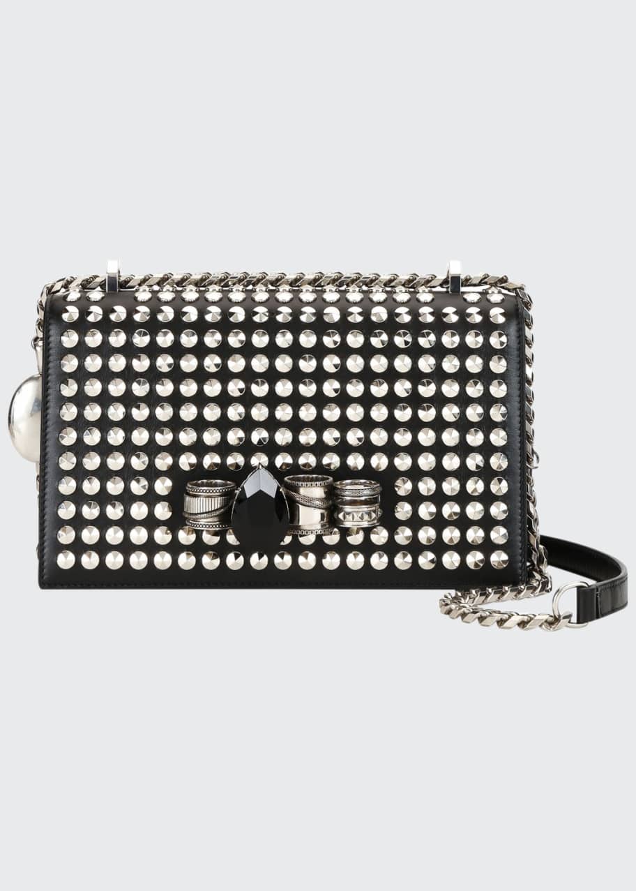 Image 1 of 1: Mechanical Studded Leather Shoulder Bag with Jewels