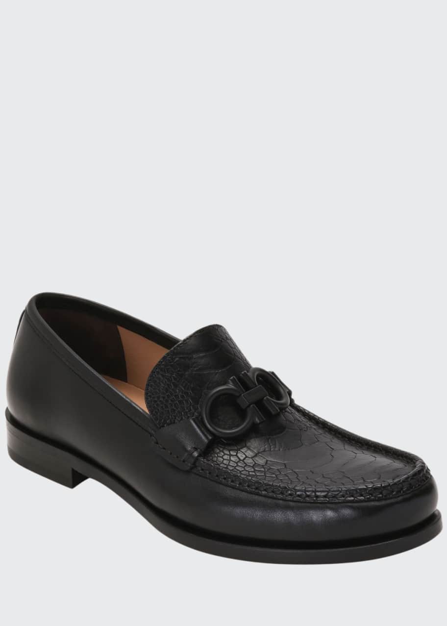 靴 Salvatore Ferragamo ROLO 6 Ferragamo Men's Rolo 6 Gancini Loafers w/ Ostrich Leather
