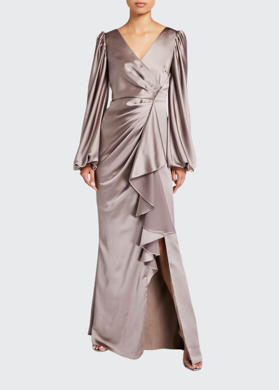 Image 1 of 1: V-Neck Satin Leg Of Mutton Sleeve A-Line Gown