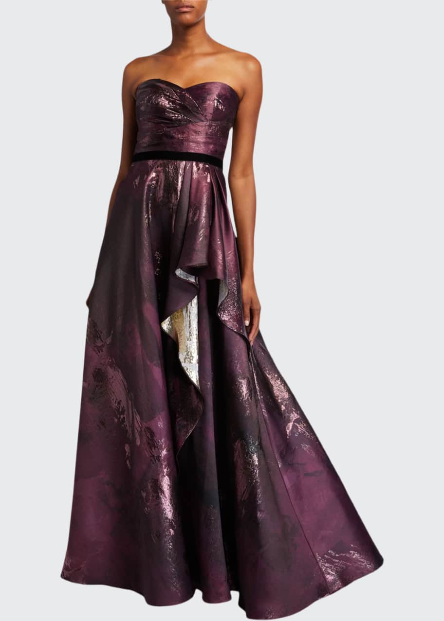 Marchesa Notte Strapless Draped Metallic Jacquard Gown w/ Velvet Ribbon ...