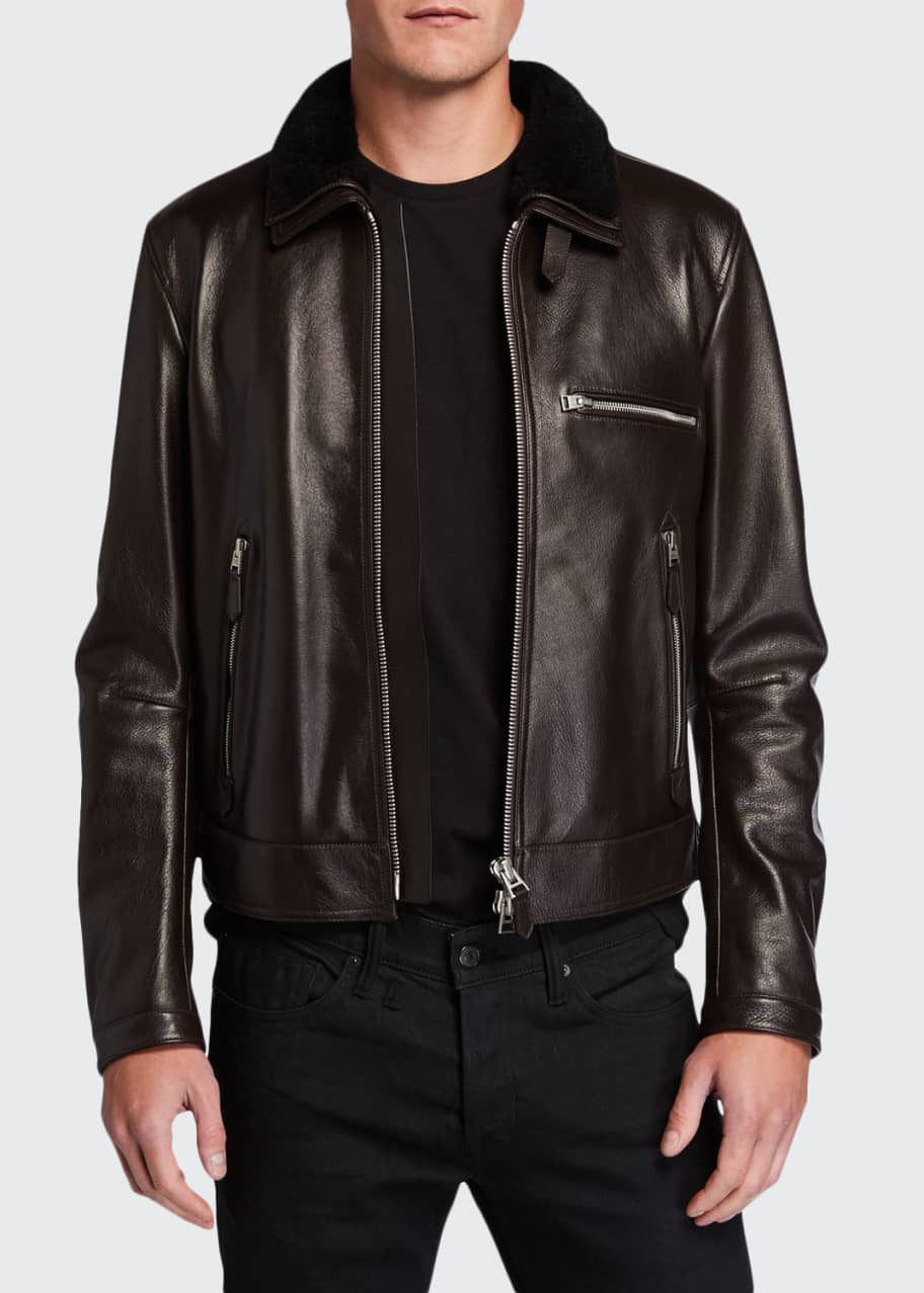 Image 1 of 1: Men's Shearling-Trim Leather Jacket