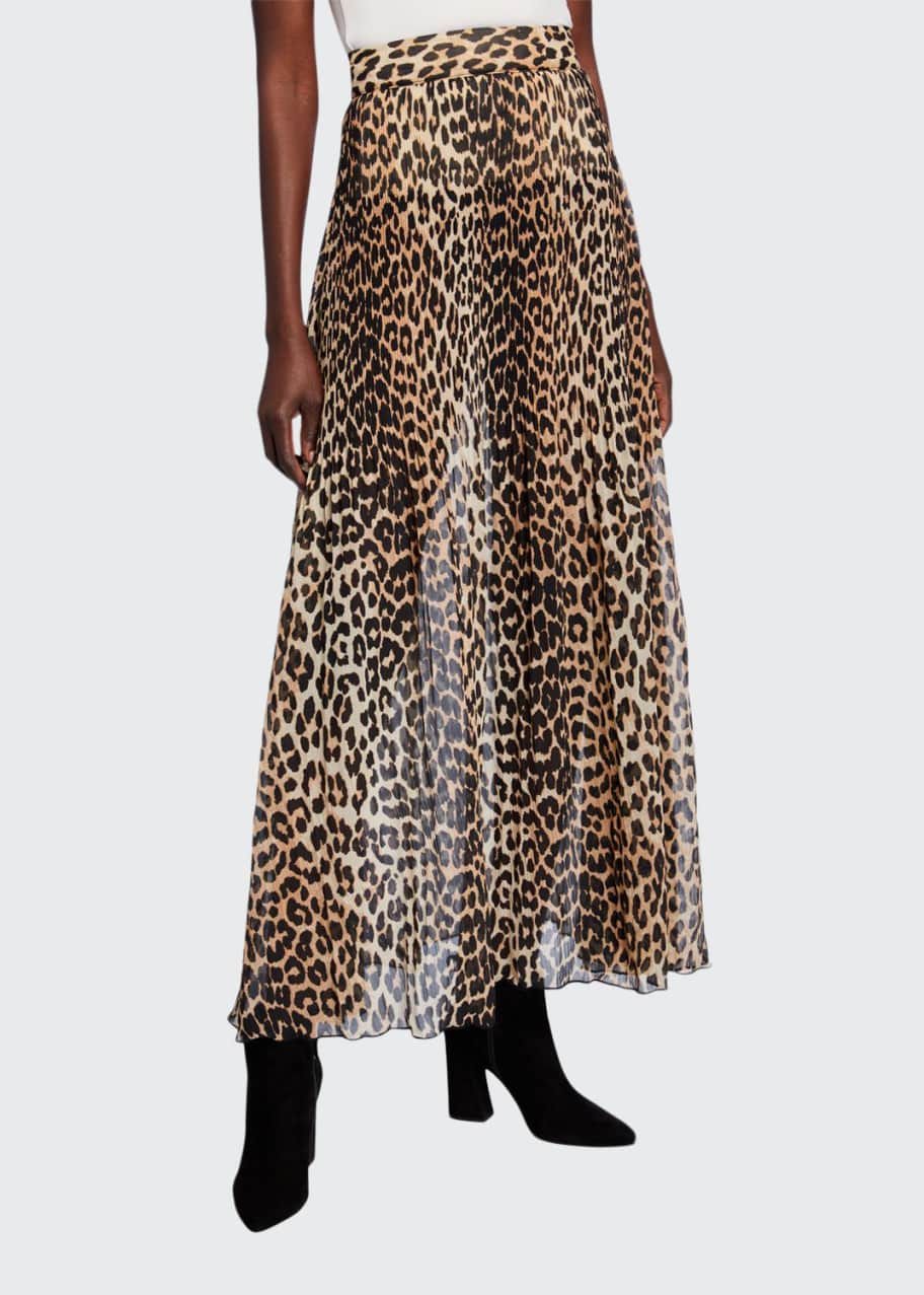 Image 1 of 1: Leopard-Print Pleated Georgette Skirt