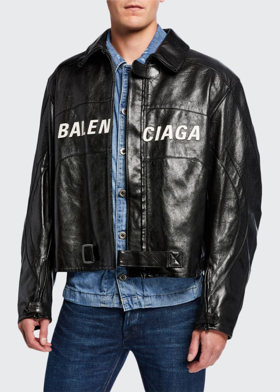 Balenciaga Men s Contrast Logo Leather Moto Jacket Bergdorf Goodman
