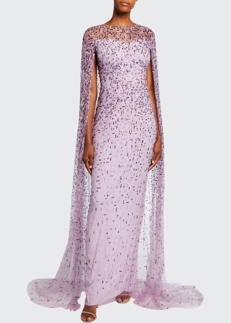 Image 1 of 1: Geometric-Beaded Caped Illusion Gown