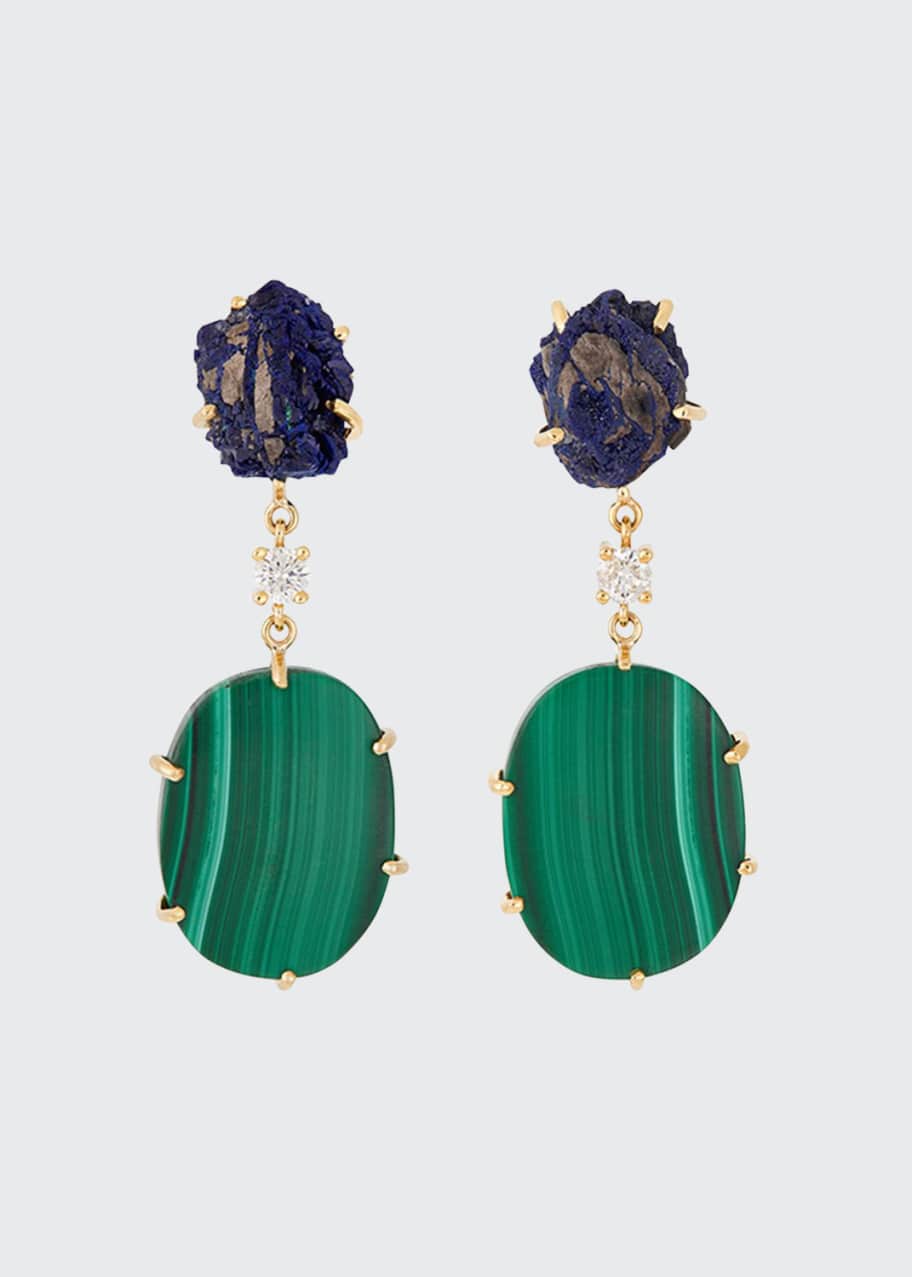 Image 1 of 1: 18k Bespoke 2-Tier One-of-a-Kind Luxury Earrings w/ Raw Azurite, Malachite & Diamonds