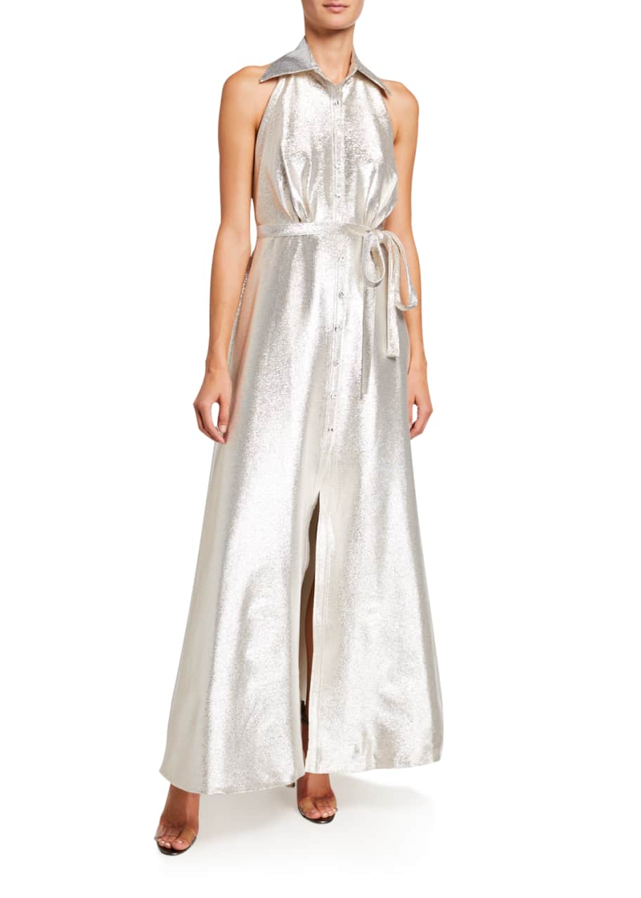 Image 1 of 1: Metallic A-Line Halter Gown