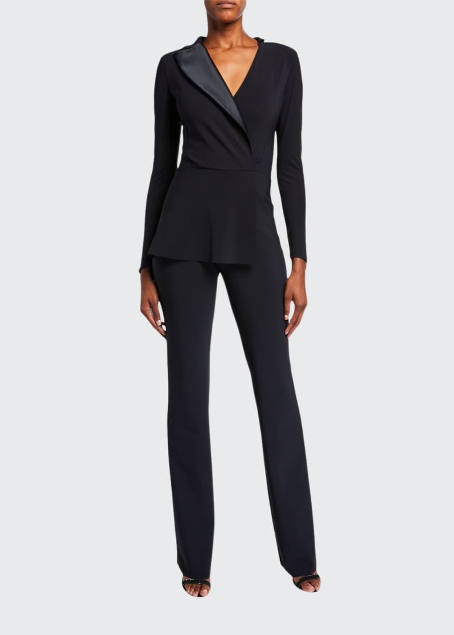 Satin Lapel Long Sleeve Peplum Jumpsuit