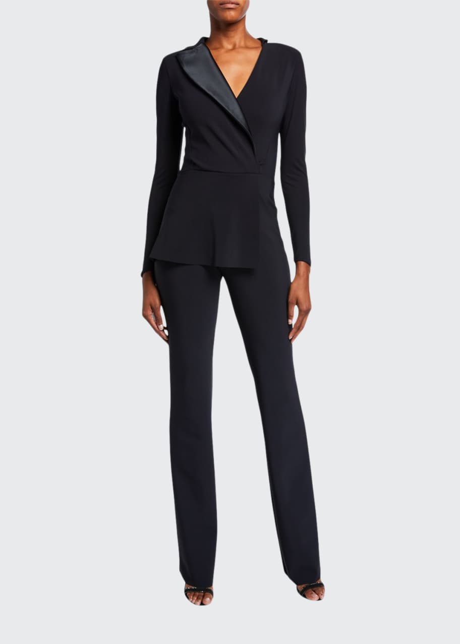 Image 1 of 1: Satin Lapel Long-Sleeve Peplum Jumpsuit