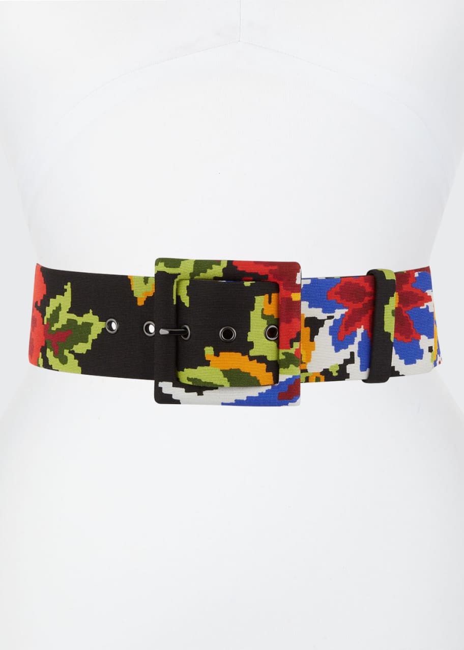 Image 1 of 1: Floral-Stitched Square-Buckle belt