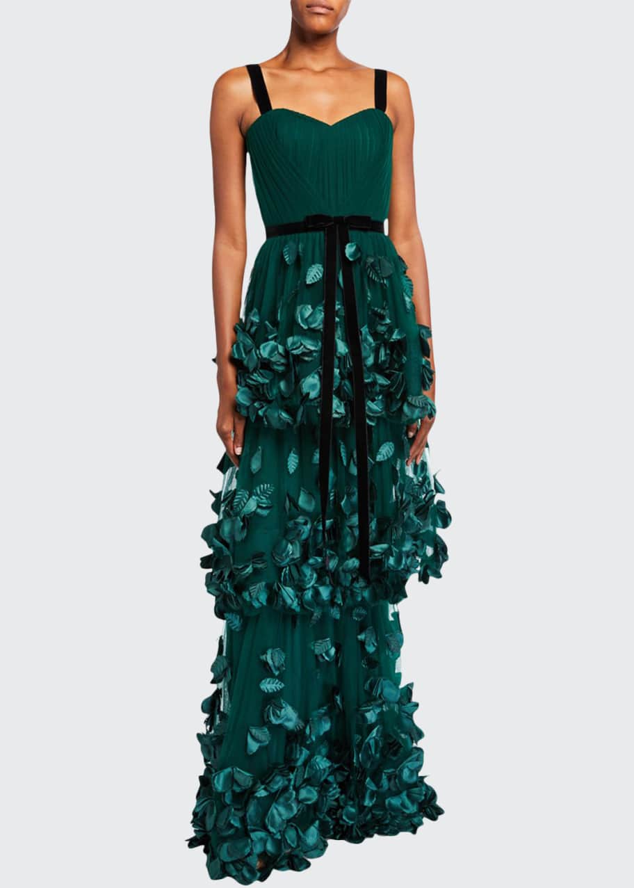 Marchesa Notte Sleeveless Three Tiered Column Gown with 3D Flowers ...