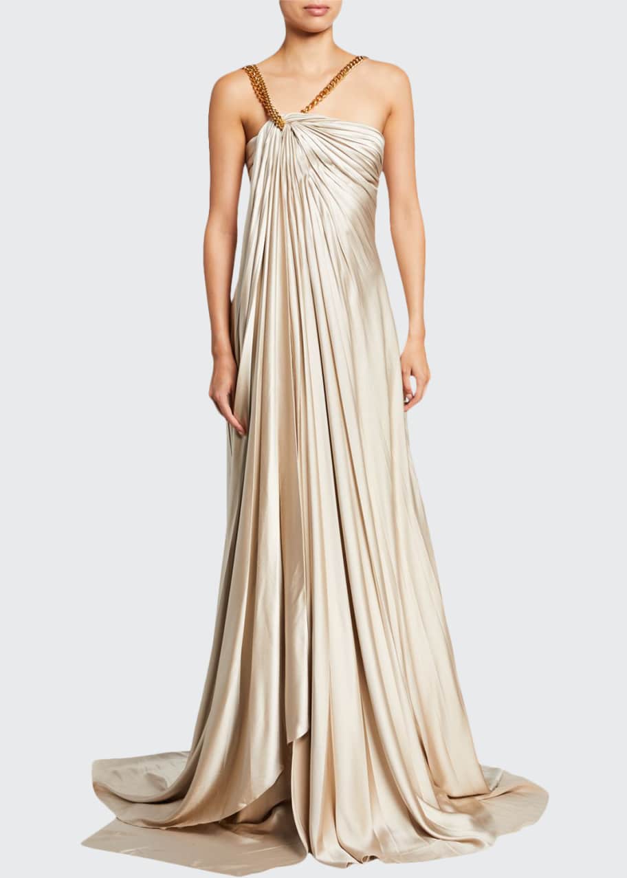 Image 1 of 1: Gathered Asymmetric Chain Strap Satin Gown
